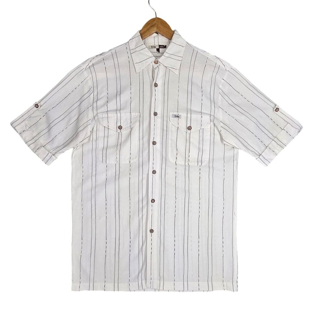 TRIBU MEN'S SHORT‑SLEEVE STRIPED CASUAL BUTTON‑UP SHIRT – SIZE L – WHITE/GRAY